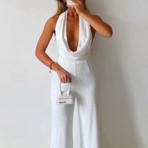 Julien Backless Wide Leg Cowl Neck Sequin Jumpsuit in White